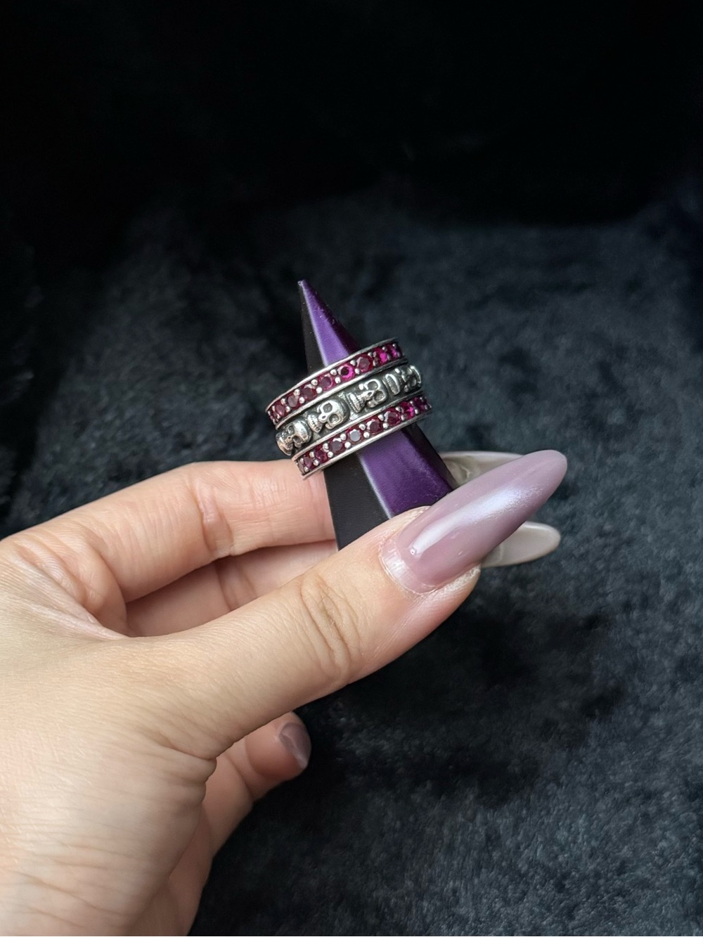 Gothic Band Ring Fuchsia Pink Zircon Inlaid Vintage Wide Statement Ring
